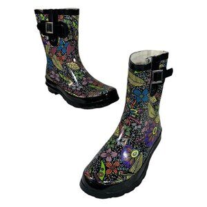 SheSole Womens EU 39 US 8 Waterproof Rubber Rain Boots‎ Ankle Black Floral